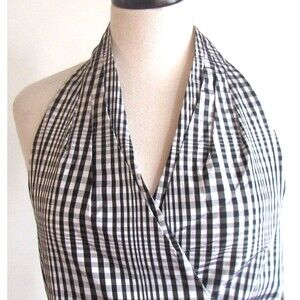 DESIGNER LAFAYETTE BLACK/WHITE GINGHAM 100% SILK WRAP HALTER BLOUSE SIZE 14.R